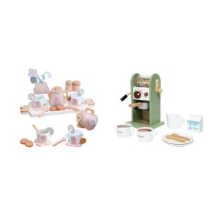 pretend play kitchen set for toddlers, wooden tea set for little girls, wood toy coffee maker set for kids