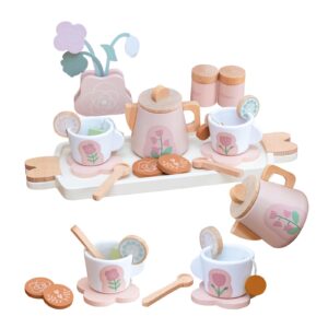 Pretend Play Kitchen Set for Toddlers, Wooden Tea Set for Little Girls, Wood Toy Coffee Maker Set for Kids