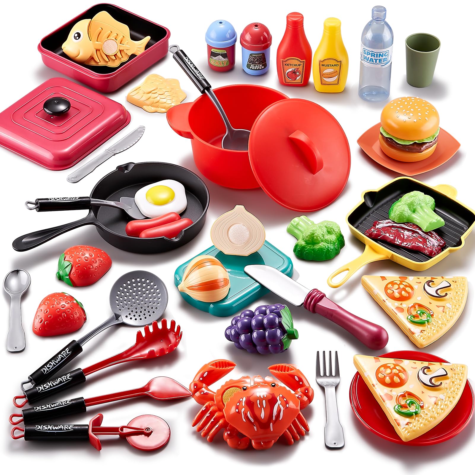 Comirth Play Kitchen Accessories – 48Pc Kitchen Toys, Kids Kitchen Playset with Kids Pots and Pans Playset, Pretend Play Food Fruit, Veggies, Pizza, Cooking Toys & Utensils, Kitchen Set for Kids Gift