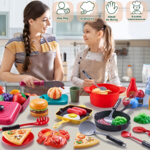 Comirth Play Kitchen Accessories – 48Pc Kitchen Toys, Kids Kitchen Playset with Kids Pots and Pans Playset, Pretend Play Food Fruit, Veggies, Pizza, Cooking Toys & Utensils, Kitchen Set for Kids Gift