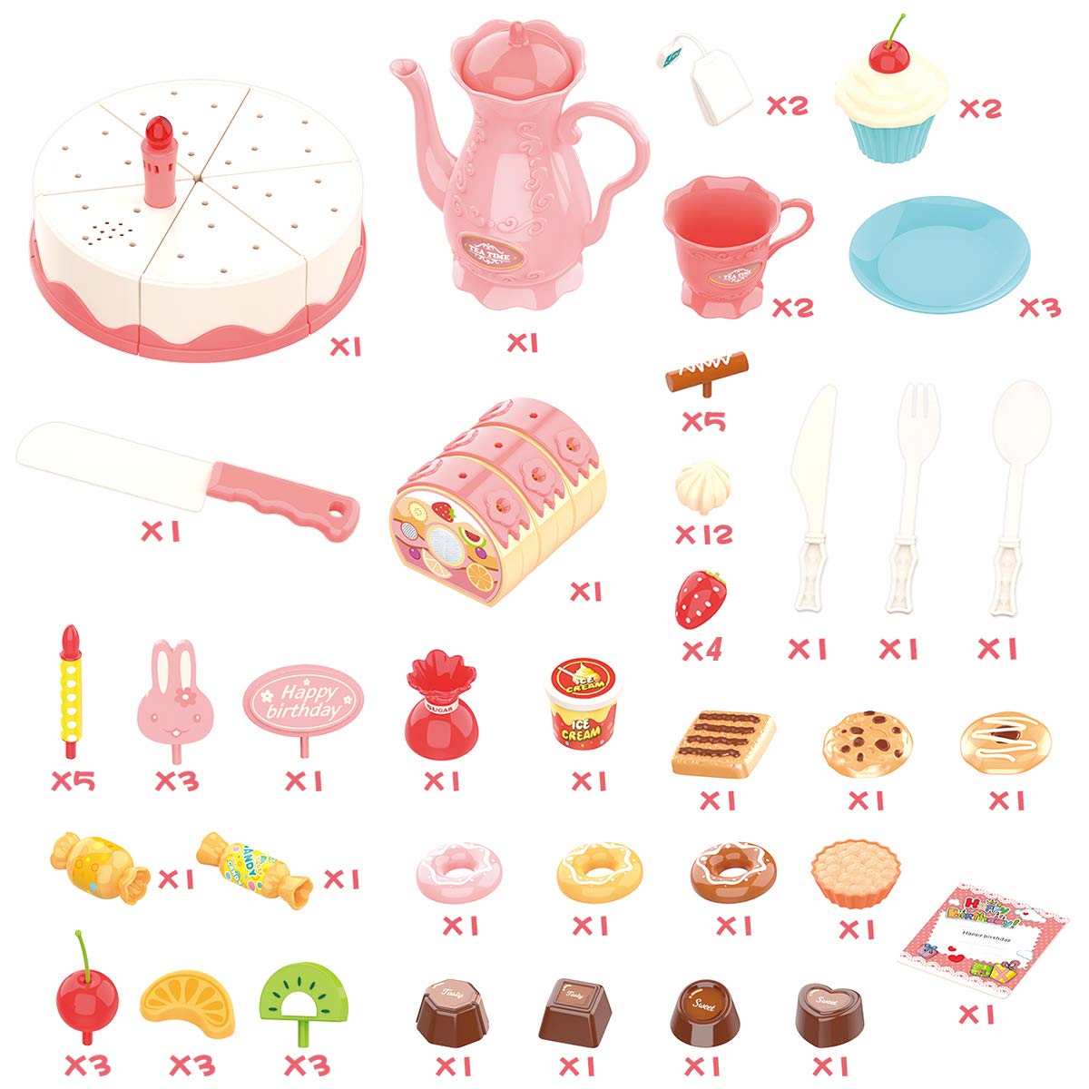 GILOBABY Birthday Cake Toy with Lights & Birthday Music, Pretend Play Cutting Food Kitchen Toy with Tea Set Bread Roll, Chocolate, Sandy & Dessert, Gift for Girls Boys 3 4 5 Year Old (82 PCS)