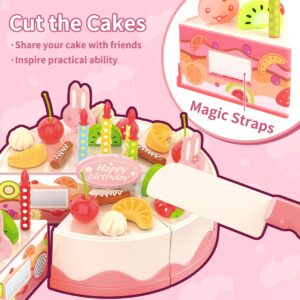 GILOBABY Birthday Cake Toy with Lights & Birthday Music, Pretend Play Cutting Food Kitchen Toy with Tea Set Bread Roll, Chocolate, Sandy & Dessert, Gift for Girls Boys 3 4 5 Year Old (82 PCS)