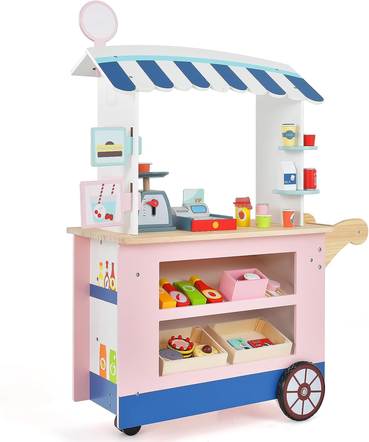 HONEY JOY Kids Food Cart, 30-Piece Toddler Pretend Play Grocery Store Playset w/Cash Register & Scale, Wooden Dessert Shop Play Market, Children Beverage Stand Cart w/Wheels, Gift for Boys Girls