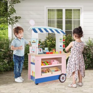 HONEY JOY Kids Food Cart, 30-Piece Toddler Pretend Play Grocery Store Playset w/Cash Register & Scale, Wooden Dessert Shop Play Market, Children Beverage Stand Cart w/Wheels, Gift for Boys Girls