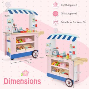 HONEY JOY Kids Food Cart, 30-Piece Toddler Pretend Play Grocery Store Playset w/Cash Register & Scale, Wooden Dessert Shop Play Market, Children Beverage Stand Cart w/Wheels, Gift for Boys Girls