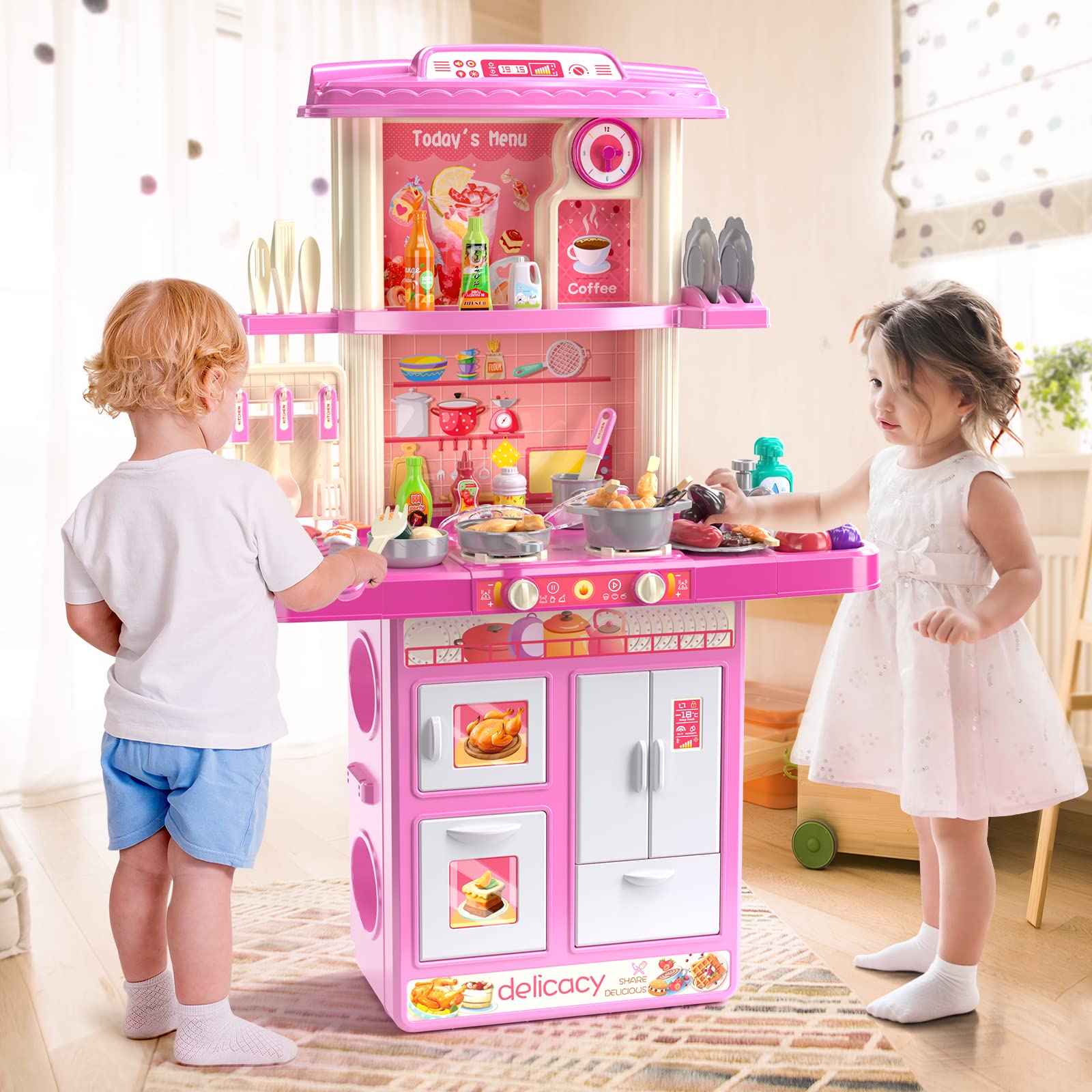 TEMI Kitchen Playset for Kids, Play Kitchen for Toddlers, 46 PCS Kitchen Toy Accessories Set, Real Sounds and Light, Indoor/Outdoor Playset for Kids, Girls & Boys