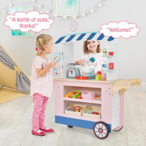 HONEY JOY Kids Food Cart, 30-Piece Toddler Pretend Play Grocery Store Playset w/Cash Register & Scale, Wooden Dessert Shop Play Market, Children Beverage Stand Cart w/Wheels, Gift for Boys Girls