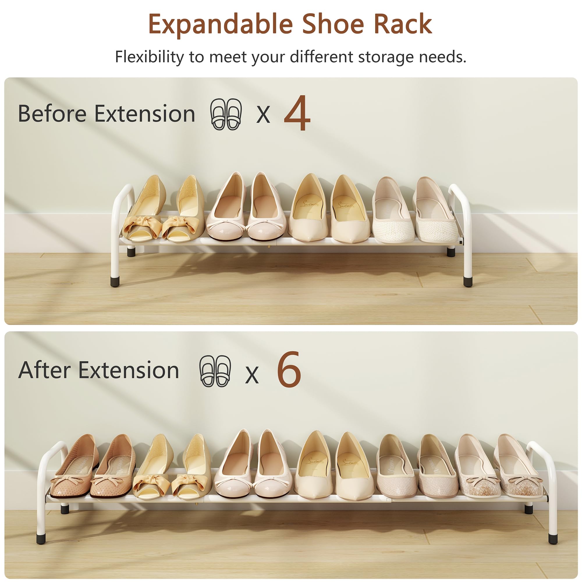 Gewudraw 1-Tier Shoe Rack Expandable, Width Adjustable Shoe Shelf Storage Organizer, 41.53'' Metal Standing Shoe Rack for Bedroom Entryway Closet, Holds up to 6 Pairs Shoes, White