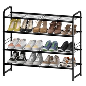 SUFAUY Shoes Rack Shelf for Closet Metal Stackable Shoe Organizer, Expandable & Adjustable Storage Shelves, Wire Grid, 4-Tier, Black