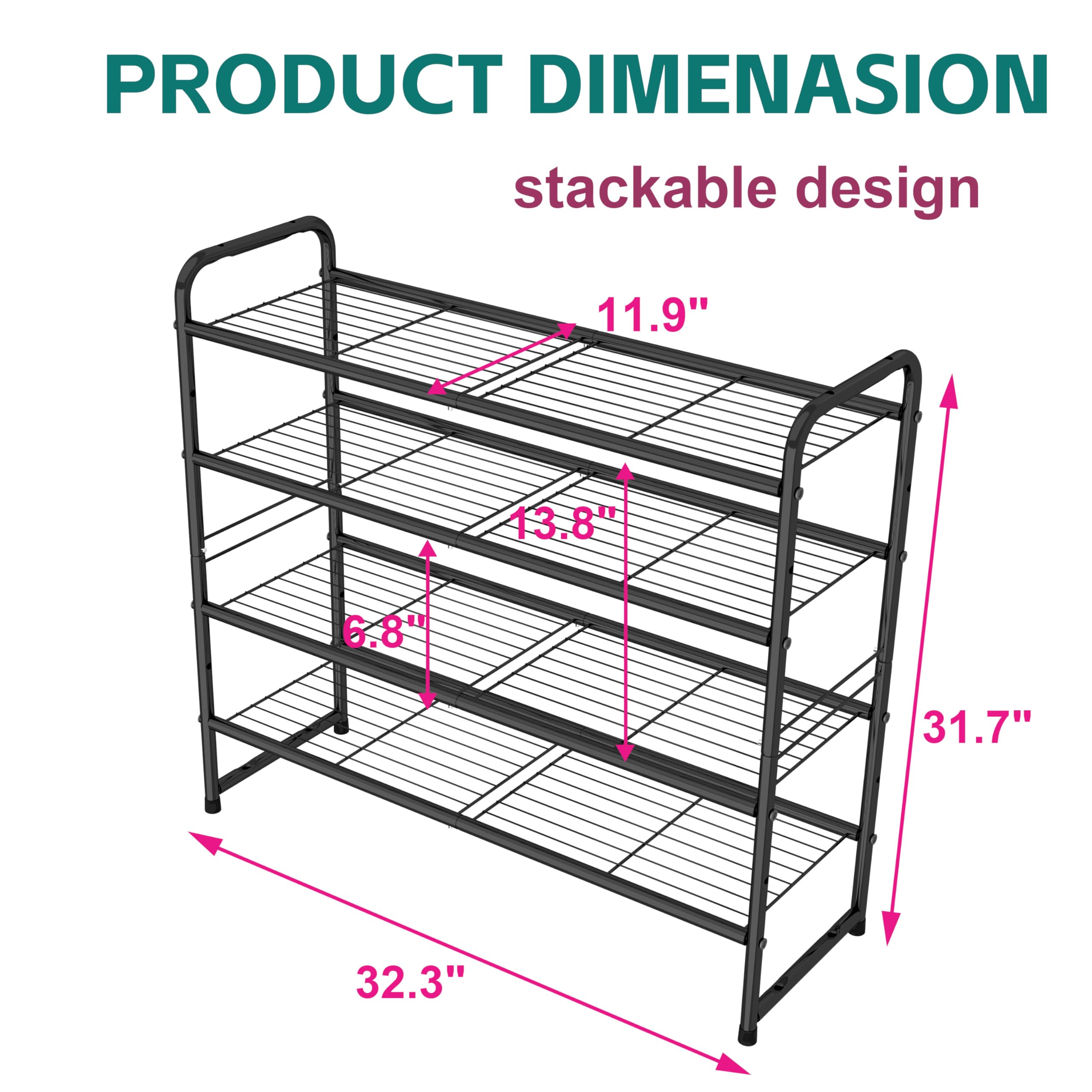 SUFAUY Shoes Rack Shelf for Closet Metal Stackable Shoe Organizer, Expandable & Adjustable Storage Shelves, Wire Grid, 4-Tier, Black