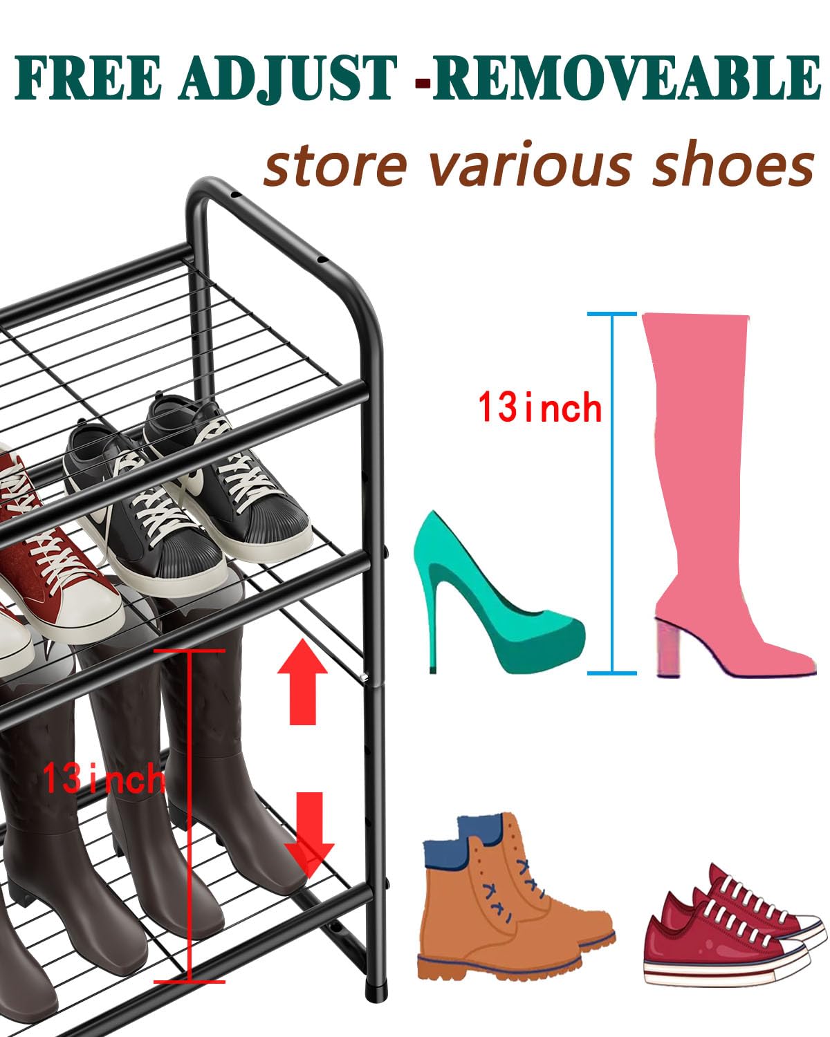 SUFAUY Shoes Rack Shelf for Closet Metal Stackable Shoe Organizer, Expandable & Adjustable Storage Shelves, Wire Grid, 4-Tier, Black