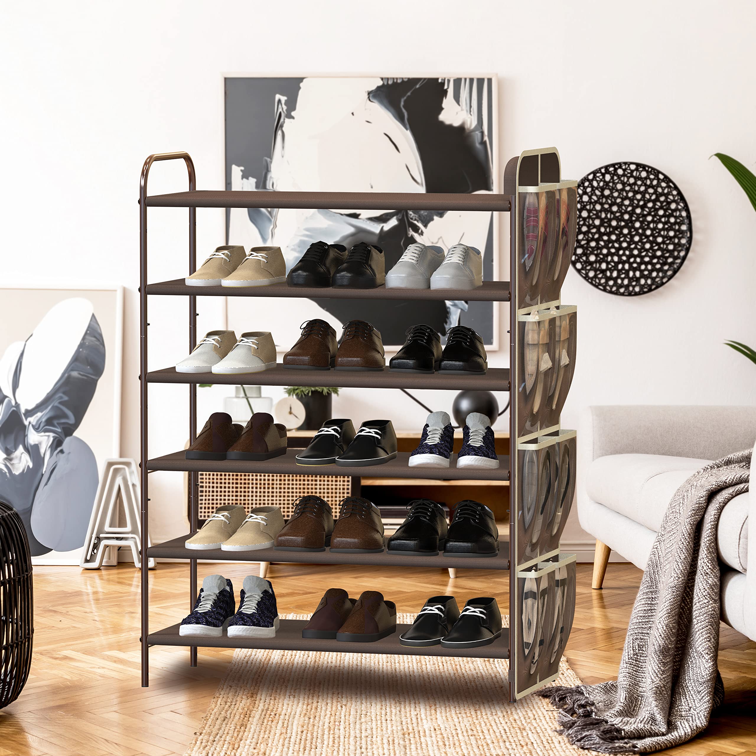 Simple Houseware 6-Tier Shoe Rack Storage Organizer w/Side Hanging Bag, Bronze