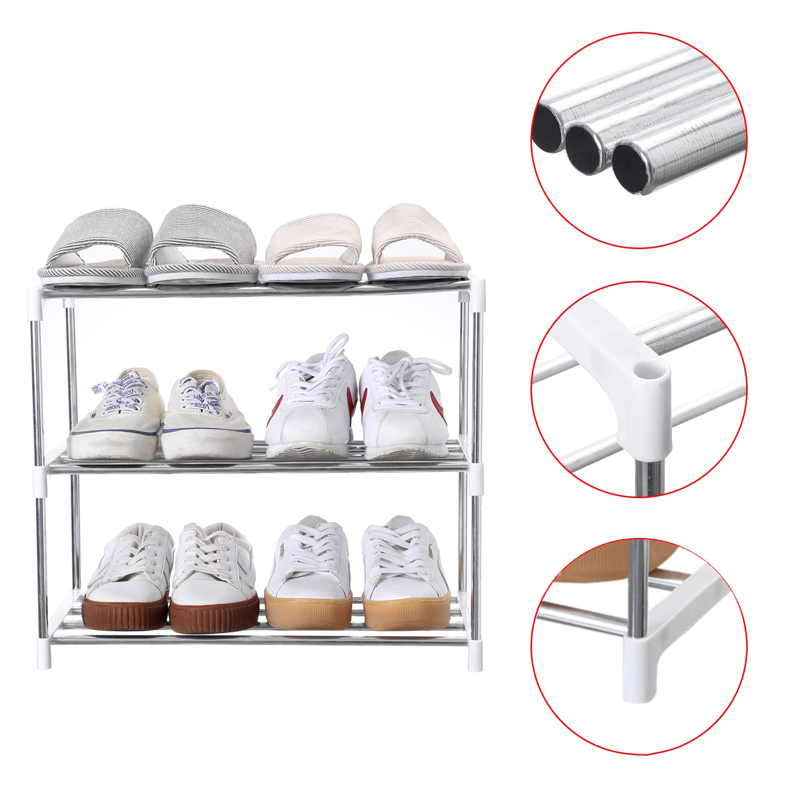 Jucaifu Stackable Small Shoe Rack, Entryway, Hallway and Closet Space Saving Storage and Organization (3-Tier, White)