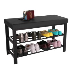 SONGMICS Shoe Bench, 3-Tier Shoe Rack for Entryway, Storage Organizer with Foam Padded Seat, Faux Leather, Metal Frame, for Living Room, Hallway, 12.2 x 31.9 x 19.3 Inches, Black ULBS58H