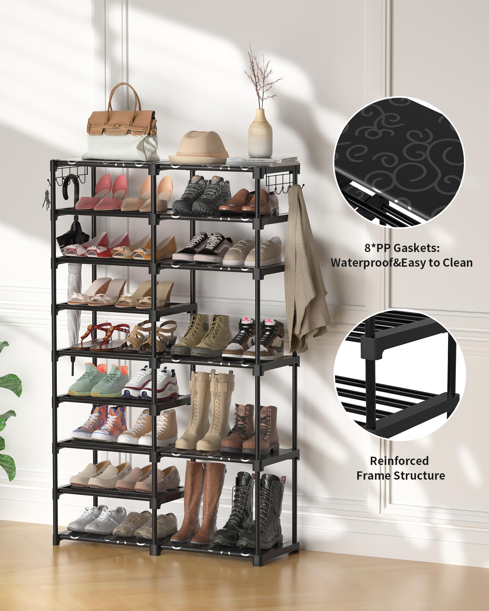 TIMEBAL 9 Tier Shoe Rack Storage Organizer for Entryway and Closet, 32-40 Pairs Shoes Shelf Organizer, Large Shoe Shelf for Boot & Shoe Storage, Stackable Shoe Rack for Garage (9 Tiers 2 Rows, Black)