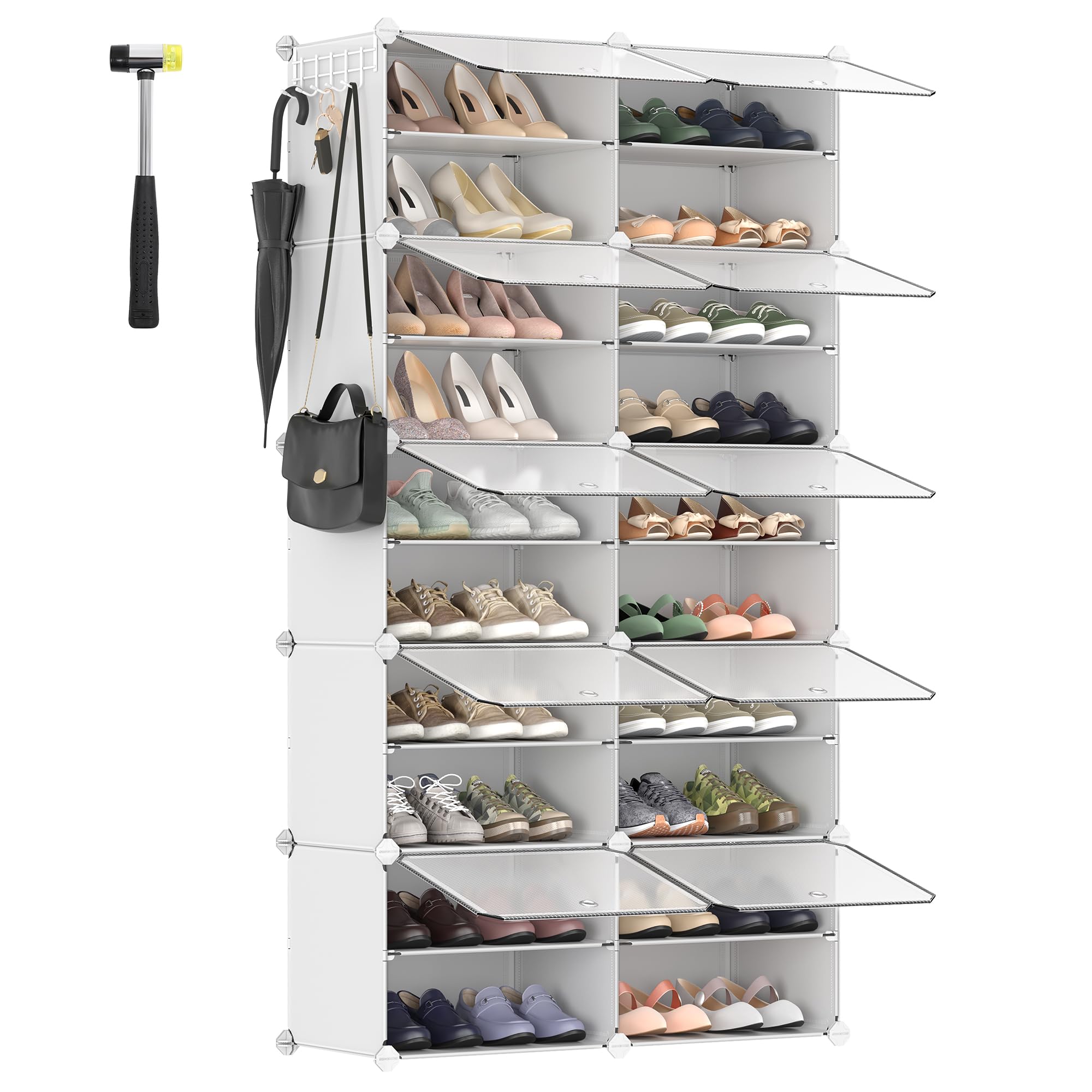 SONGMICS Shoe Rack, 10 Cubes Shoe Organizer with Doors, 40 Pair Plastic Shoe Storage Cabinet, for Bedroom, Entryway, Steel Frame, Plastic Panel, White ULPC035W01