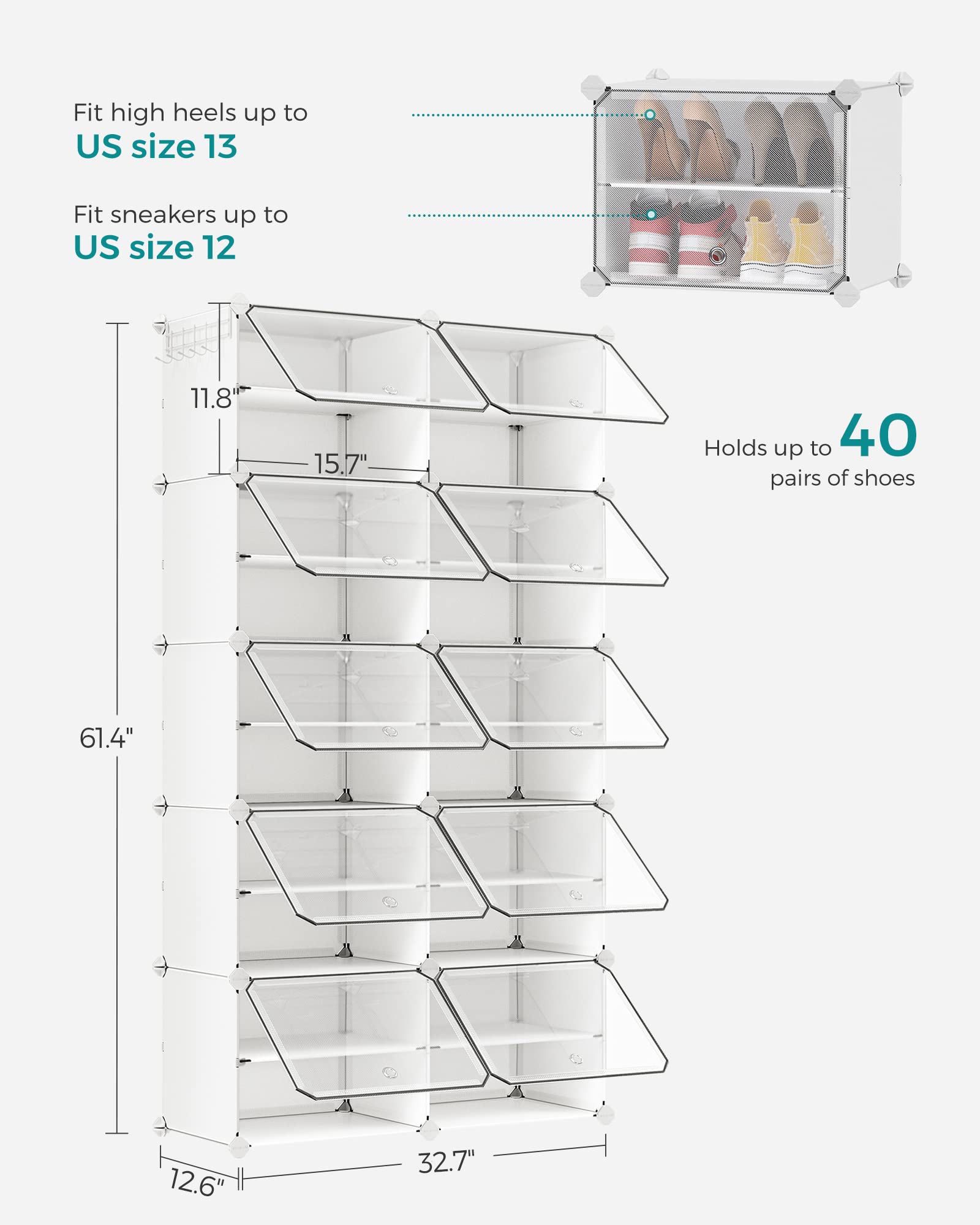 SONGMICS Shoe Rack, 10 Cubes Shoe Organizer with Doors, 40 Pair Plastic Shoe Storage Cabinet, for Bedroom, Entryway, Steel Frame, Plastic Panel, White ULPC035W01