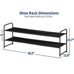 SUFAUY Shoe Rack Storage for Bedroom Closet, Stackable 2 Tier Fabric Shoe Organizer Shelf, 42.5 Inches Long, Black