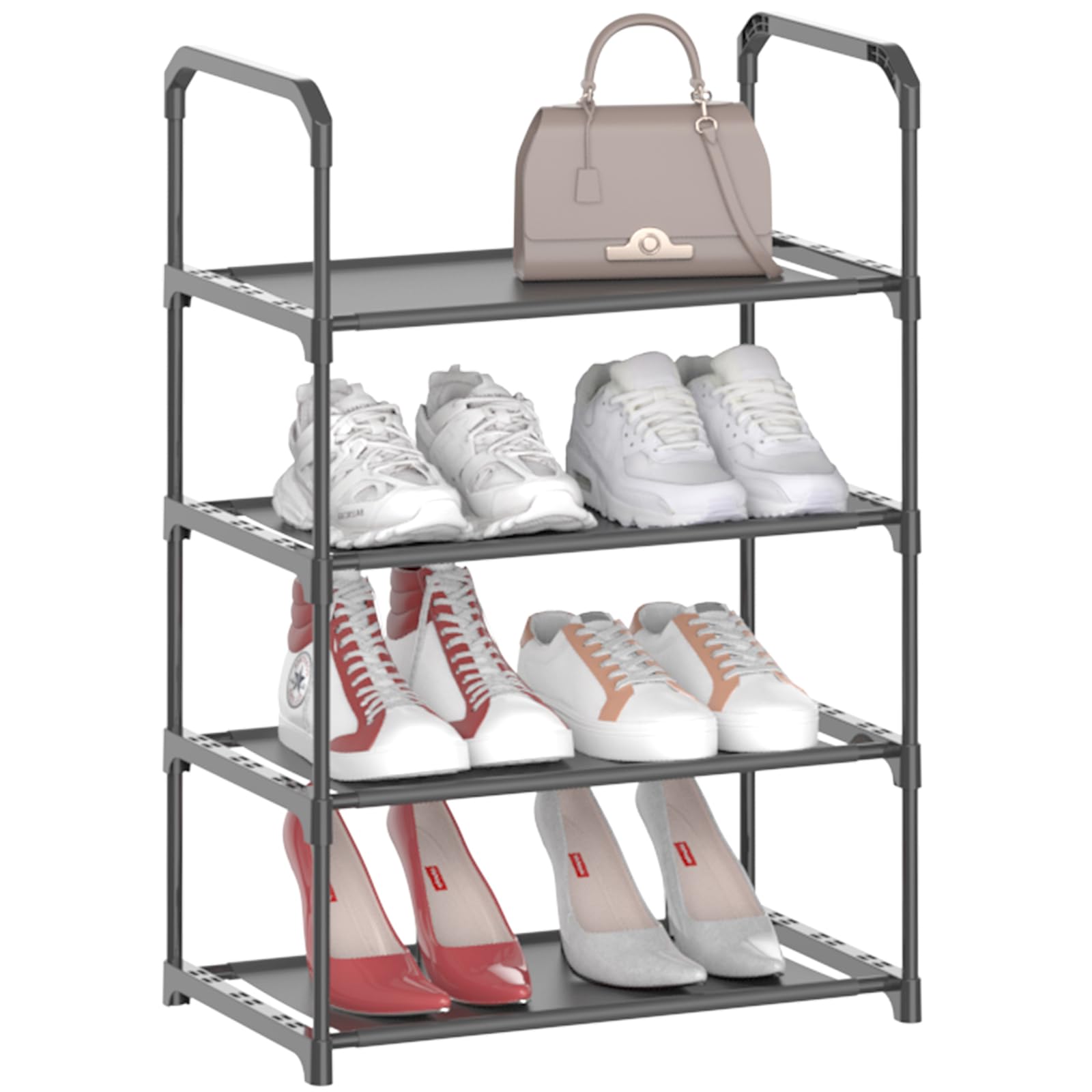 scopbinsa 4-Tier Small Shoe Rack, Stackable Nonwoven Shoe Storage Organizer Metal Shoe Shelf with Handle for Entryway, Hallway, cabinet and Closet (4 black-with Handle)