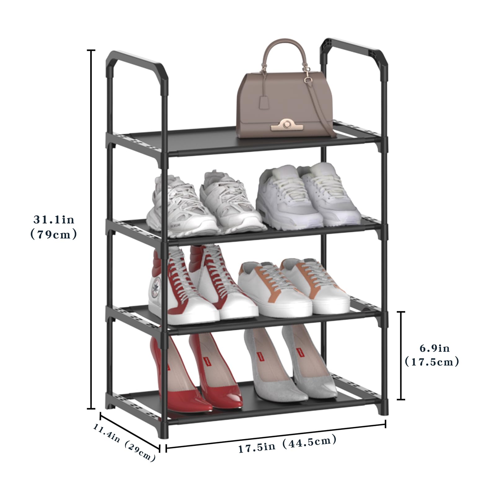 scopbinsa 4-Tier Small Shoe Rack, Stackable Nonwoven Shoe Storage Organizer Metal Shoe Shelf with Handle for Entryway, Hallway, cabinet and Closet (4 black-with Handle)