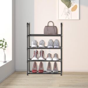 scopbinsa 4-Tier Small Shoe Rack, Stackable Nonwoven Shoe Storage Organizer Metal Shoe Shelf with Handle for Entryway, Hallway, cabinet and Closet (4 black-with Handle)