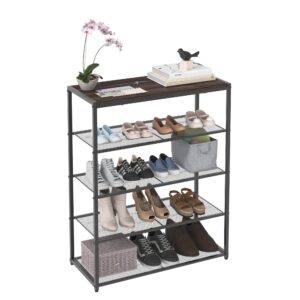 closetmaid 5-tier shoe rack, storage organizer, with wood top shelf, 4 metal mesh shelves, for 15 pairs of shoes, modern walnut/black