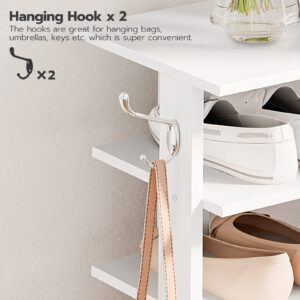 HOOBRO Vertical Shoe Rack, 8 Tier Wooden Shoe Storage Organizer with Hooks, Narrow Shoe Tower for 8 Pairs, Space Saving, for Entryway, Living Room, Bedroom, White WT07XJ01G1