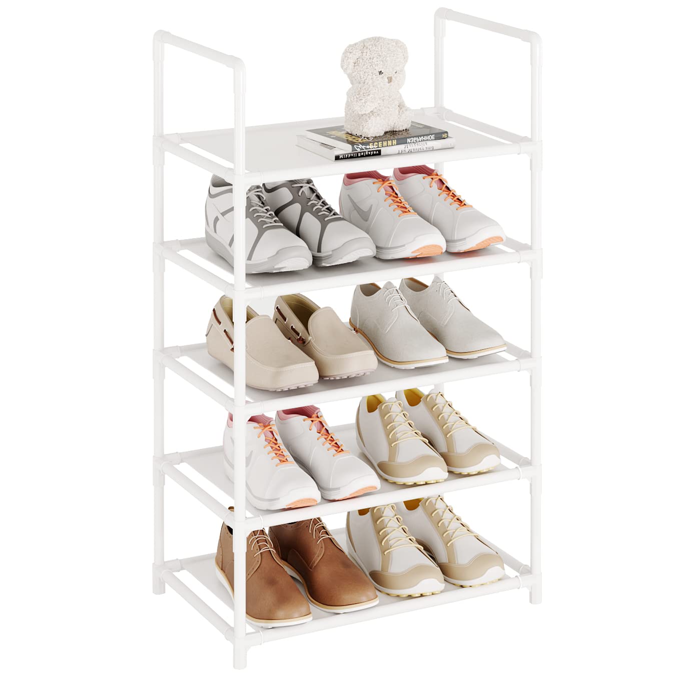 Vockot 5 Tier Stackable Small Shoe Rack，Narrow Sturdy Shoe Shelf Organizer, Non-Woven Fabric Metal Free Standing Shoe Racks for Entryway, Doorway and Closet（White）