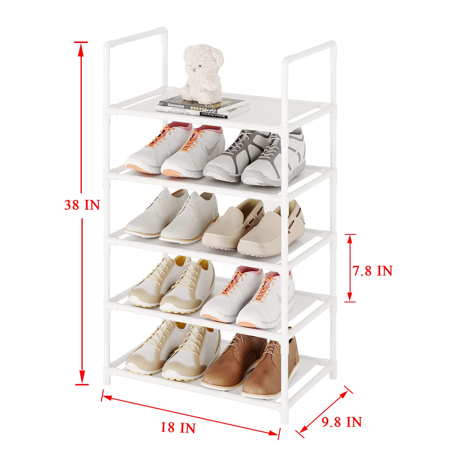 Vockot 5 Tier Stackable Small Shoe Rack，Narrow Sturdy Shoe Shelf Organizer, Non-Woven Fabric Metal Free Standing Shoe Racks for Entryway, Doorway and Closet（White）