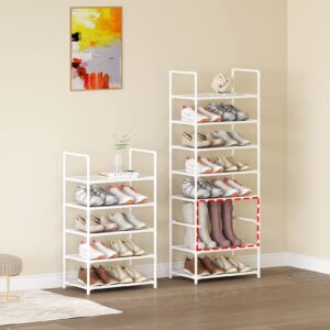 Vockot 5 Tier Stackable Small Shoe Rack，Narrow Sturdy Shoe Shelf Organizer, Non-Woven Fabric Metal Free Standing Shoe Racks for Entryway, Doorway and Closet（White）