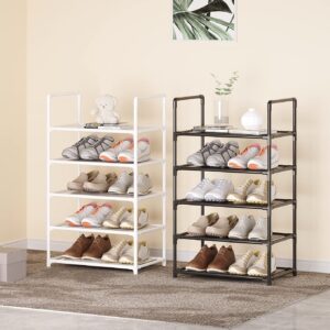 Vockot 5 Tier Stackable Small Shoe Rack，Narrow Sturdy Shoe Shelf Organizer, Non-Woven Fabric Metal Free Standing Shoe Racks for Entryway, Doorway and Closet（White）