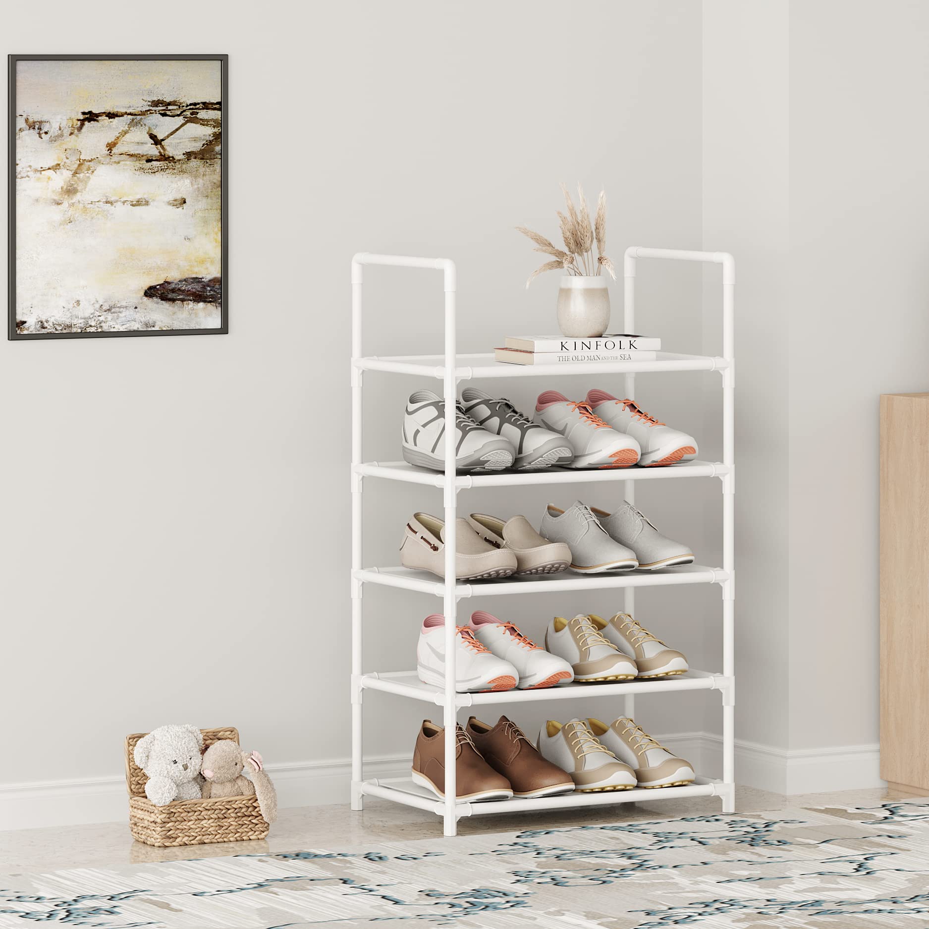 Vockot 5 Tier Stackable Small Shoe Rack，Narrow Sturdy Shoe Shelf Organizer, Non-Woven Fabric Metal Free Standing Shoe Racks for Entryway, Doorway and Closet（White）