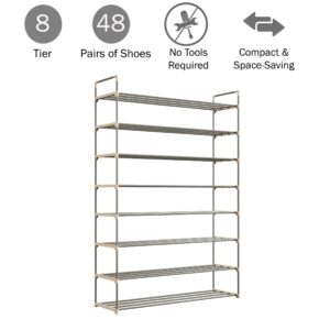 Shoe Rack - 8-Tier Shoe Organizer for Closet, Bathroom, Entryway - Shelf Holds 40 Pairs Sneakers, Heels, Boots by Home-Complete (Gray)