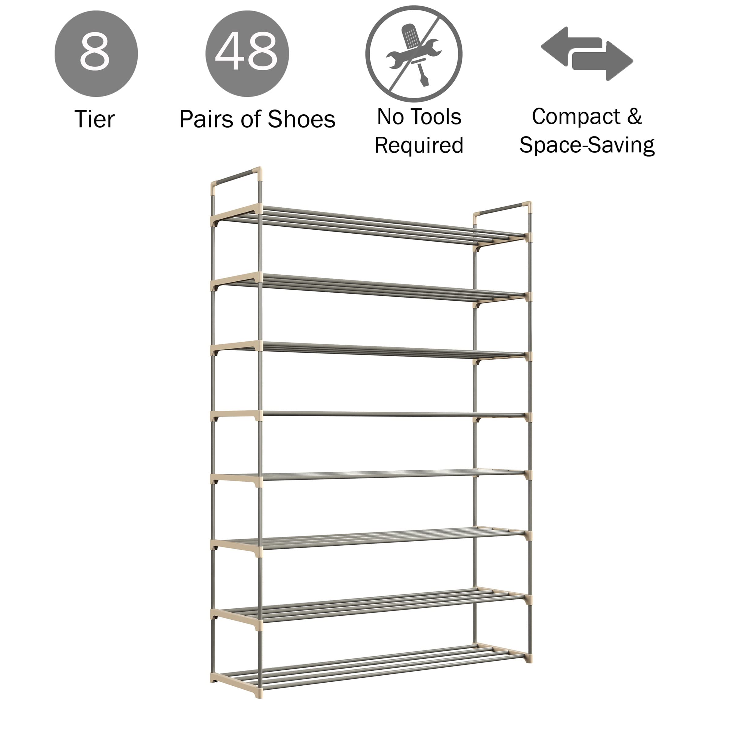 Shoe Rack - 8-Tier Shoe Organizer for Closet, Bathroom, Entryway - Shelf Holds 40 Pairs Sneakers, Heels, Boots by Home-Complete (Gray)