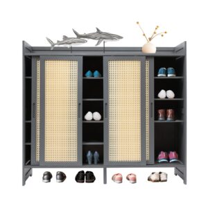 vintoro 6 tier bamboo freestanding shoe shelf storage,ventilated two-way sliding door shoe cabinet, shoe cabinet with plastic doors, shoe rack organizer, for home entryway bathroom bedroom, gray