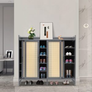 Vintoro 6 Tier Bamboo Freestanding Shoe Shelf Storage,Ventilated Two-Way Sliding Door Shoe Cabinet, Shoe Cabinet with Plastic Doors, Shoe Rack Organizer, for Home Entryway Bathroom Bedroom, Gray