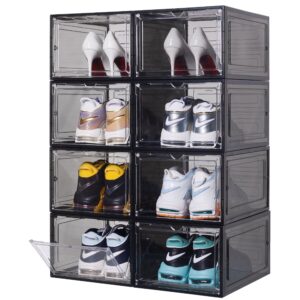 zllzuu upgrade 8 pack x-large shoe storage boxes with clear magnetic doors stackable shoe organizer with solid plastic drop front shoe box for sneaker display, fit up to us size 12 (black)