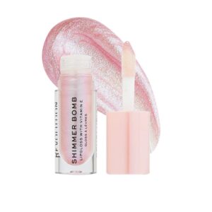 revolution shimmer bomb lip gloss, lip tint infused with vitamin e, shimmery finish, comes in 6 colors, sparkle