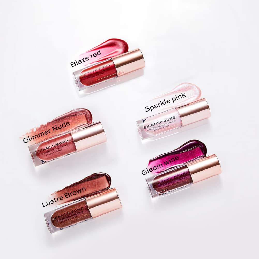 Revolution Shimmer Bomb Lip Gloss, Lip Tint Infused With Vitamin E, Shimmery Finish, Comes In 6 Colors, Sparkle