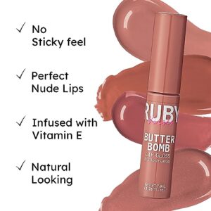 Ruby Kisses Lip Gloss Butter Bomb Gloss Non-Sticky Lip Gloss Vitamin E Natural Nude Lip Makeup -7.8mL (0.26 US fl.oz) (Nude)