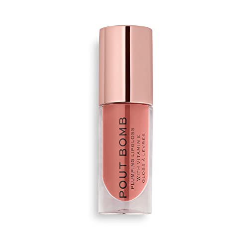 Revolution Beauty, Pout Bomb Plumping Lip Gloss, High Shine, Rich Glossy Pigment, Infused with Vitamin E, Kiss Nude, 0.15 Fl. Oz.