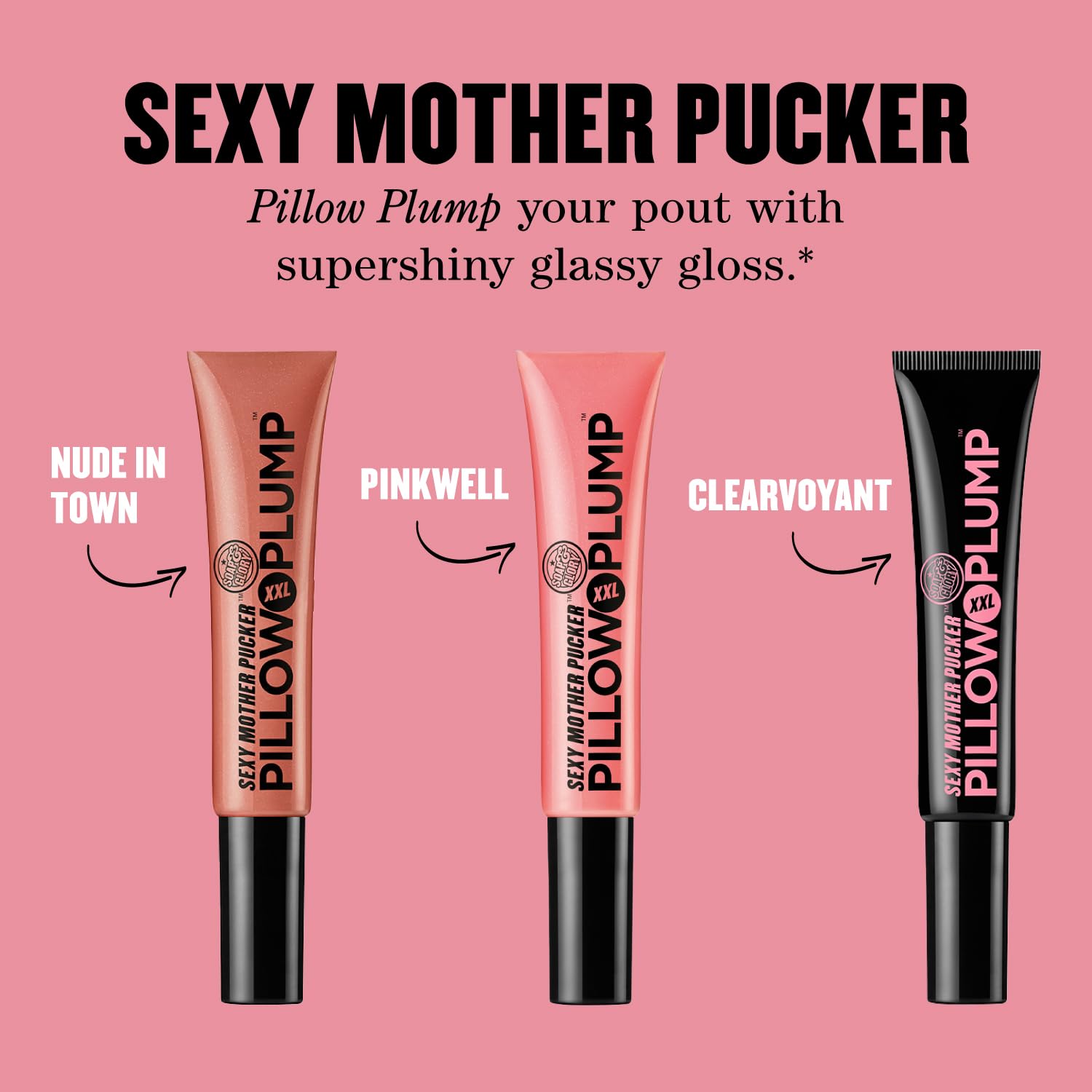 Soap & Glory Sexy Mother Pucker XXL Pillow Plump Lip Gloss - Hydrating, Plumping Lip Gloss for Full, Volumized Lips - Lip Plumper Gloss + Chocolate Orange Scent with Vegan Formula in Pinkwell (10ml)