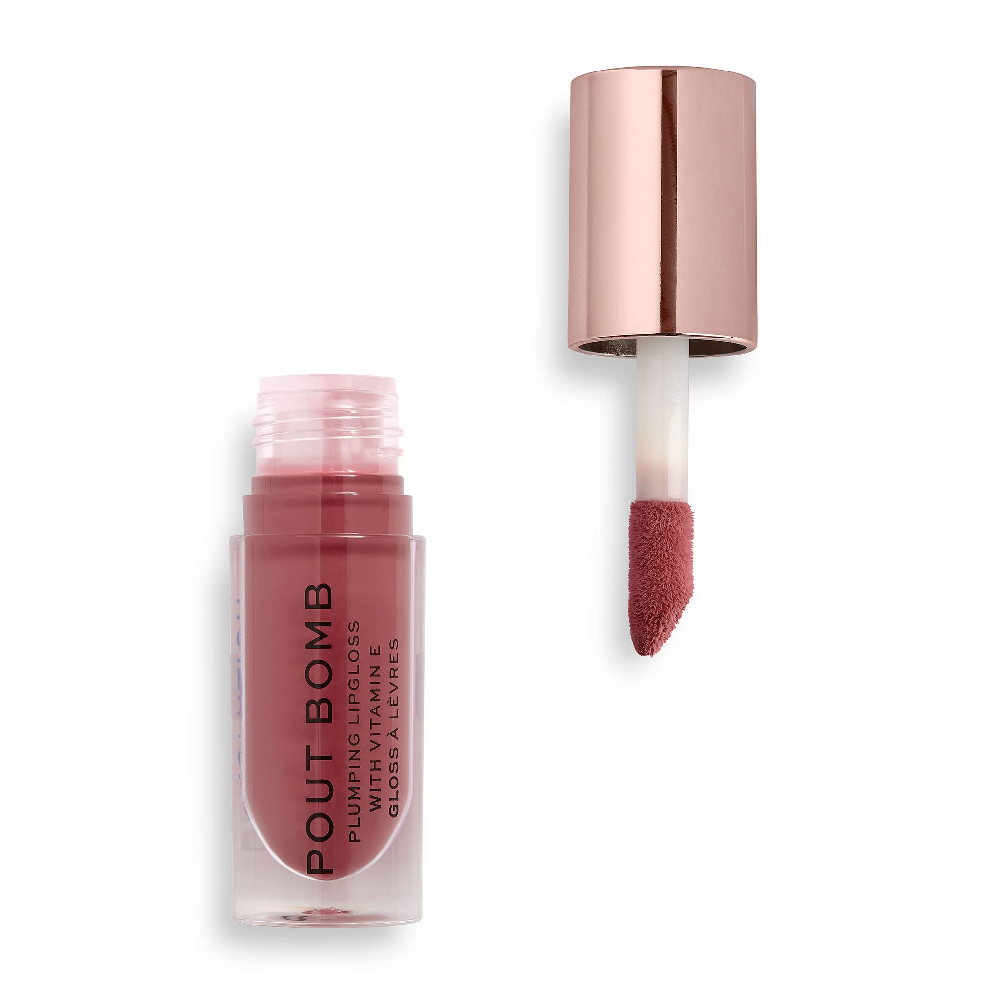 Revolution Beauty, Pout Bomb Plumping Lip Gloss, High Shine, Rich Glossy Pigment, Infused with Vitamin E, Sauce Dusty Pink, 0.15 Fl. Oz.