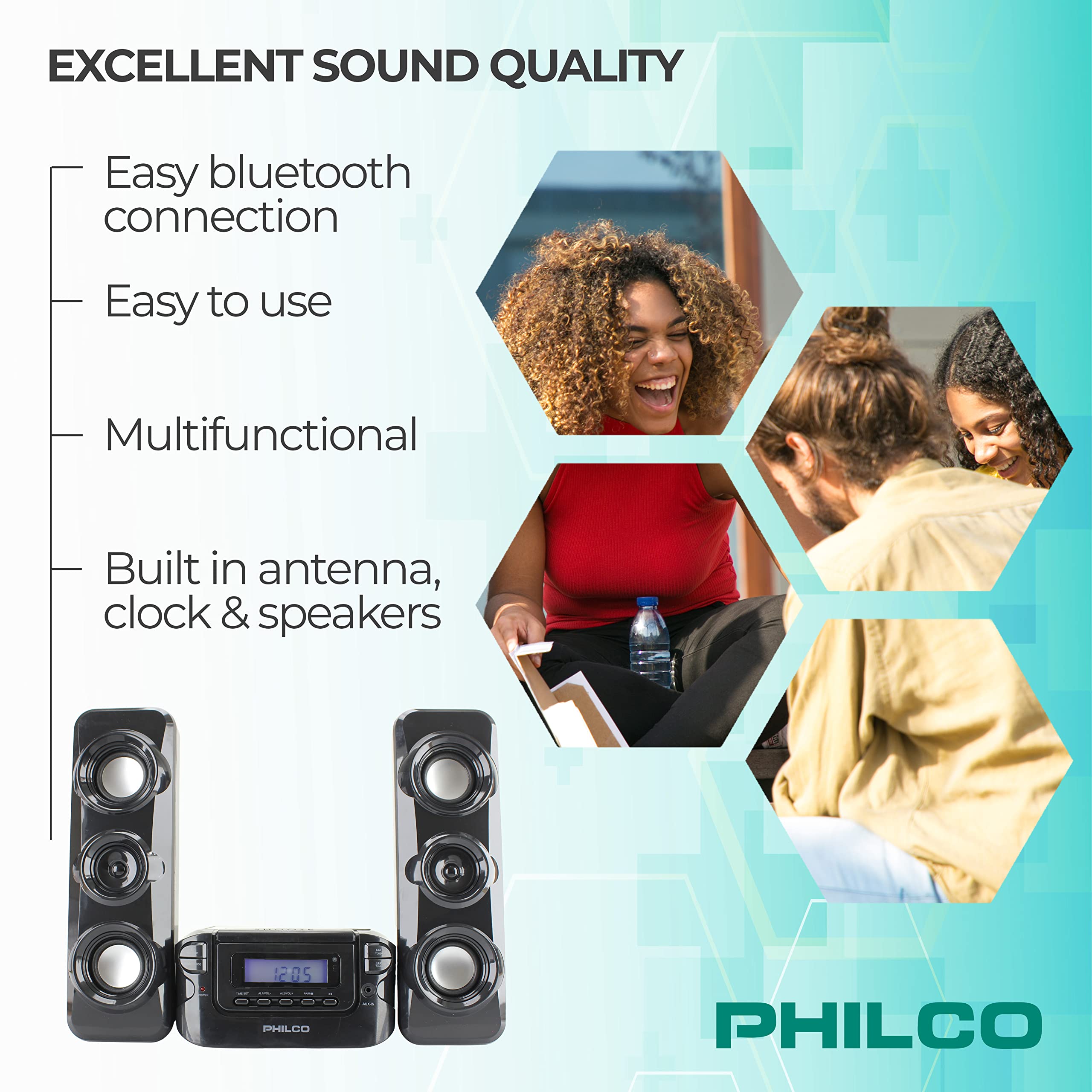 Philco Stereo Shelf Systems Compact CD Shelf System with Digital FM Stereo Radio, Bluetooth Wireless Technology, and Remote Control in Black | LCD Display | MP3 & AUX Port Compatible | USB Playback