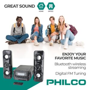 Philco Stereo Shelf Systems Compact CD Shelf System with Digital FM Stereo Radio, Bluetooth Wireless Technology, and Remote Control in Black | LCD Display | MP3 & AUX Port Compatible | USB Playback