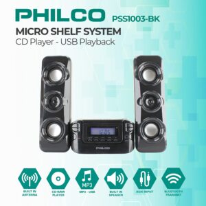 Philco Stereo Shelf Systems Compact CD Shelf System with Digital FM Stereo Radio, Bluetooth Wireless Technology, and Remote Control in Black | LCD Display | MP3 & AUX Port Compatible | USB Playback