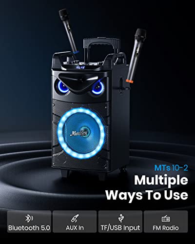 Moukey Karaoke Machine, 10" Woofer Portable PA System, Bluetooth Speaker with 2 Wireless Microphones, Lyrics Display Tablet Holder, Party Lights & Echo/Treble/Bass Adjustment Support REC/AUX/USB/TF