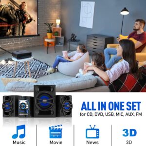 3-Piece Wireless Bluetooth Stereo System - 1000 Watt DVD Shelf System for Home with DVD Player, MP3, USB, FM Radio, Bass Reflex Speaker, and Remote Control, Compact & Portable - PHSKR14.5