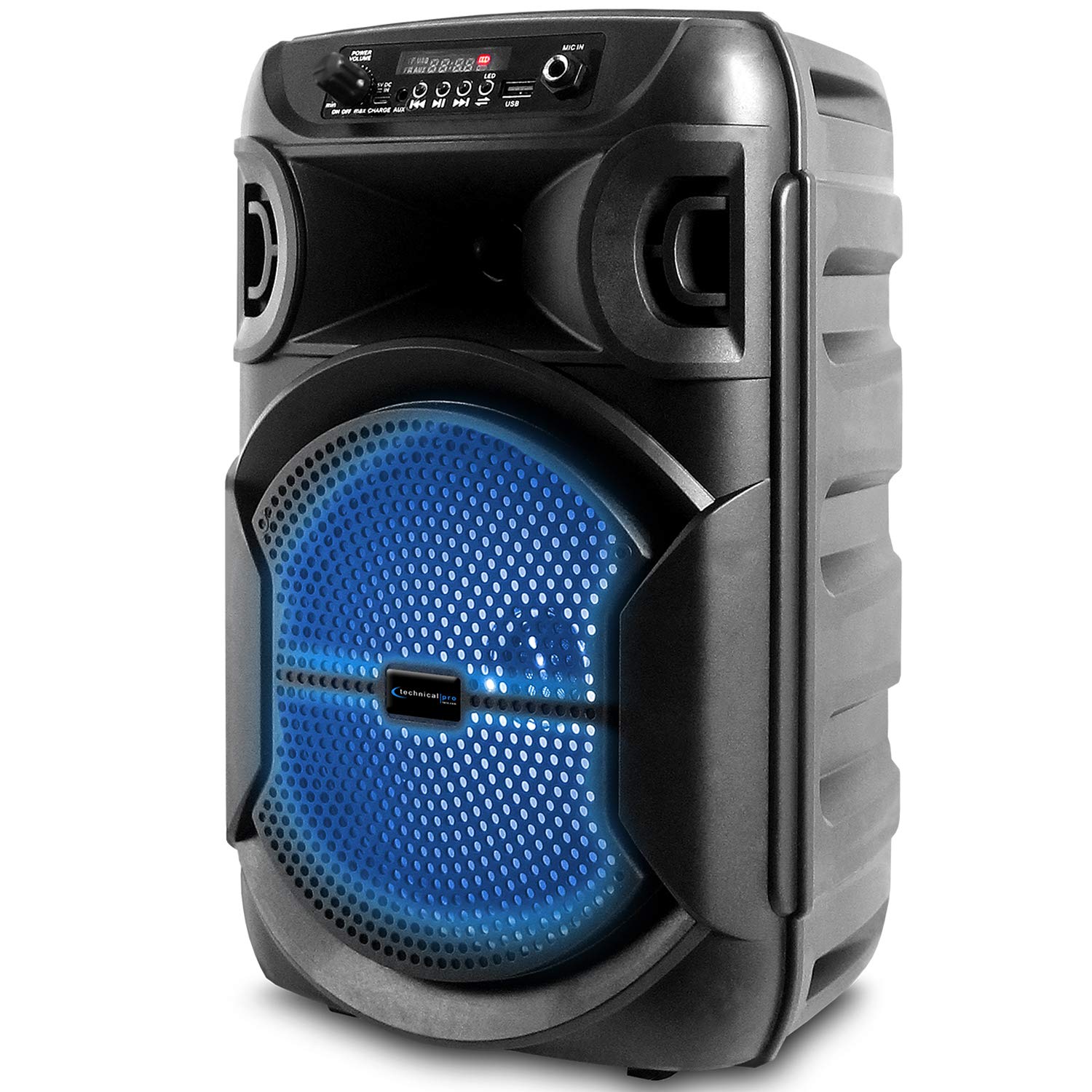 Technical Pro 8 Inch Portable 500 Watts Bluetooth Speaker w/Woofer & Tweeter w/Digital Processing, XLR to 1/4" for Karaoke (Black, Speaker)