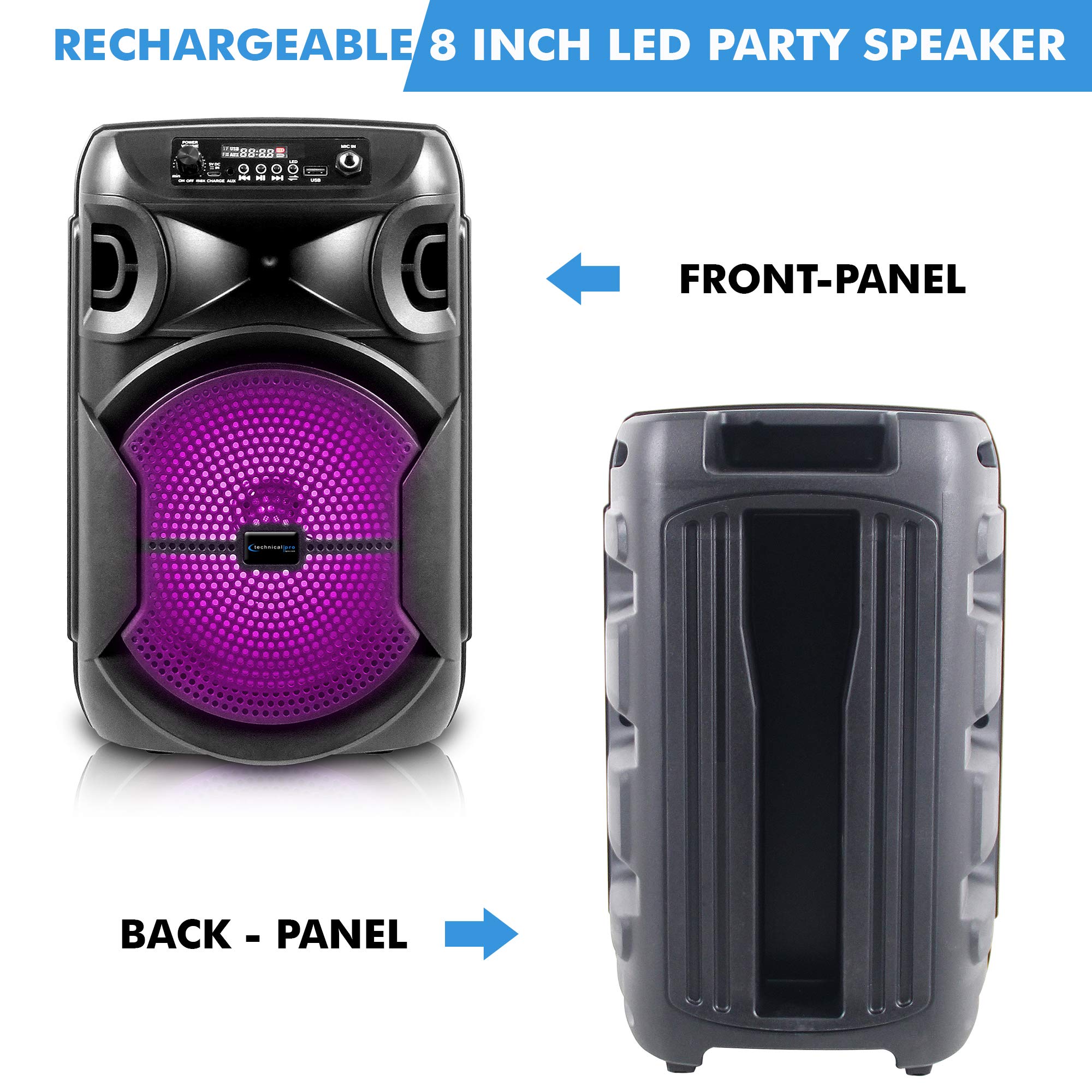 Technical Pro 8 Inch Portable 500 Watts Bluetooth Speaker w/Woofer & Tweeter w/Digital Processing, XLR to 1/4" for Karaoke (Black, Speaker)